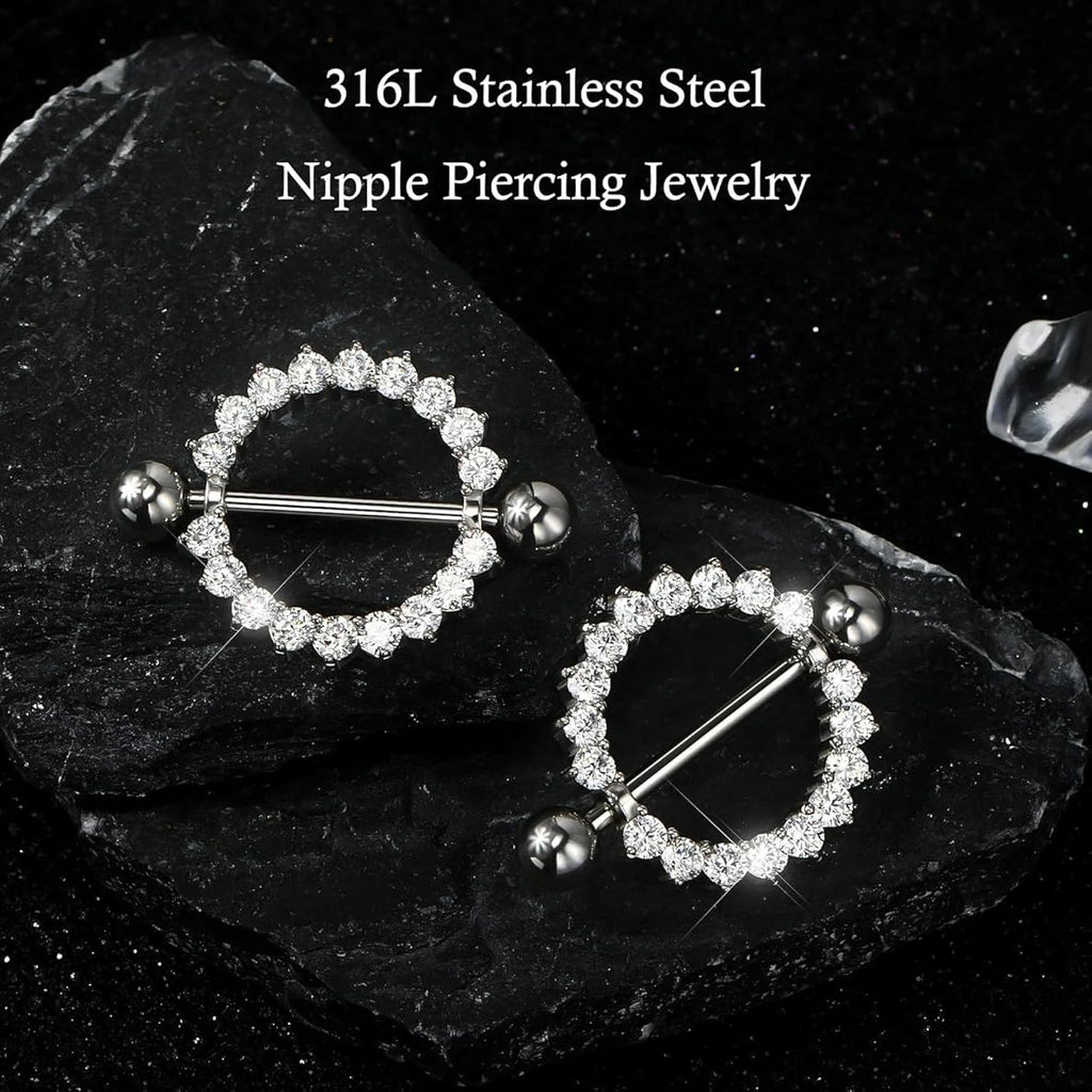 2PCS Nipple Piercing Jewelry, 14G 316L Surgical Steel Nipple Rings for Women, Crystal Circle Shield Body Piercing Jewelry - 14MM - QIAO CrystalQIAO CrystalQIAO Crystal