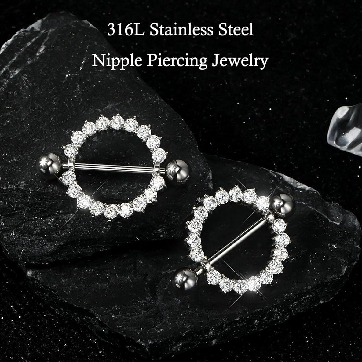 2PCS Nipple Piercing Jewelry, 14G 316L Surgical Steel Nipple Rings for Women, Crystal Circle Shield Body Piercing Jewelry - 14MM - QIAO CrystalQIAO CrystalQIAO Crystal