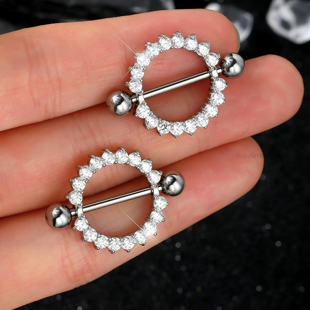2PCS Nipple Piercing Jewelry, 14G 316L Surgical Steel Nipple Rings for Women, Crystal Circle Shield Body Piercing Jewelry - 14MM - QIAO CrystalQIAO CrystalQIAO Crystal