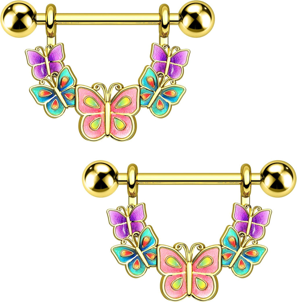 2PCS Nipple Rings, 14G Colorful Butterfly Nipple Piercing Jewelry, SurgicaSteel Nipplerings Body Piercing Jewelry - QIAO CrystalQIAO CrystalQIAO Crystal