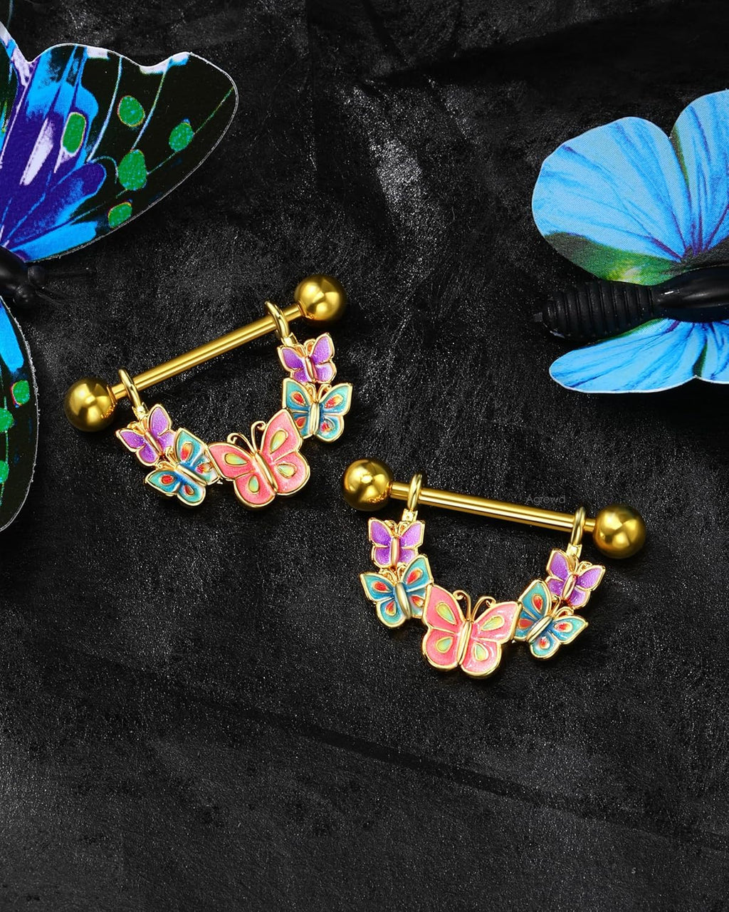 2PCS Nipple Rings, 14G Colorful Butterfly Nipple Piercing Jewelry, SurgicaSteel Nipplerings Body Piercing Jewelry - QIAO CrystalQIAO CrystalQIAO Crystal
