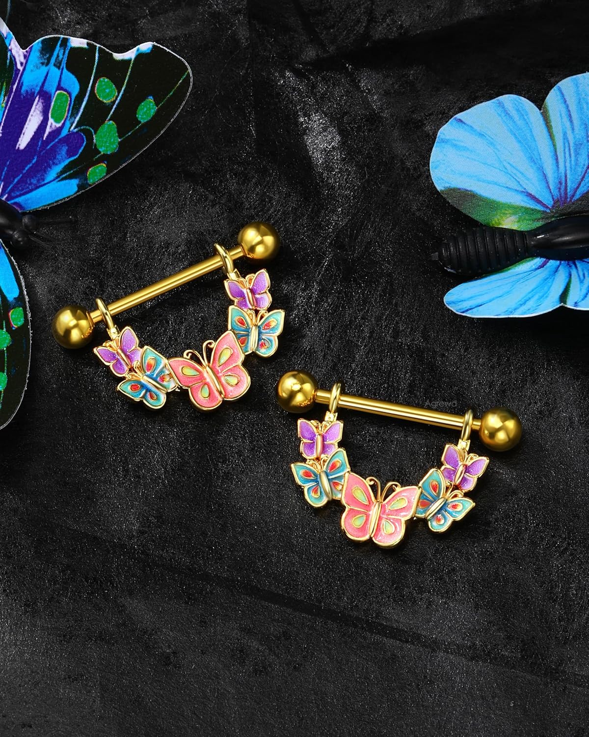 2PCS Nipple Rings, 14G Colorful Butterfly Nipple Piercing Jewelry, SurgicaSteel Nipplerings Body Piercing Jewelry - QIAO CrystalQIAO CrystalQIAO Crystal