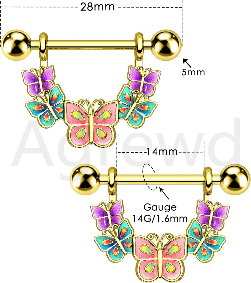 2PCS Nipple Rings, 14G Colorful Butterfly Nipple Piercing Jewelry, SurgicaSteel Nipplerings Body Piercing Jewelry - QIAO CrystalQIAO CrystalQIAO Crystal