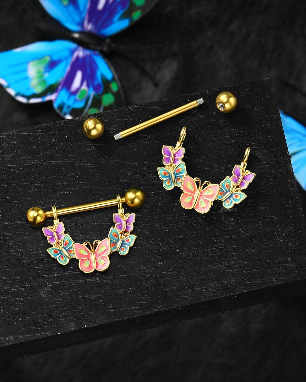 2PCS Nipple Rings, 14G Colorful Butterfly Nipple Piercing Jewelry, SurgicaSteel Nipplerings Body Piercing Jewelry - QIAO CrystalQIAO CrystalQIAO Crystal