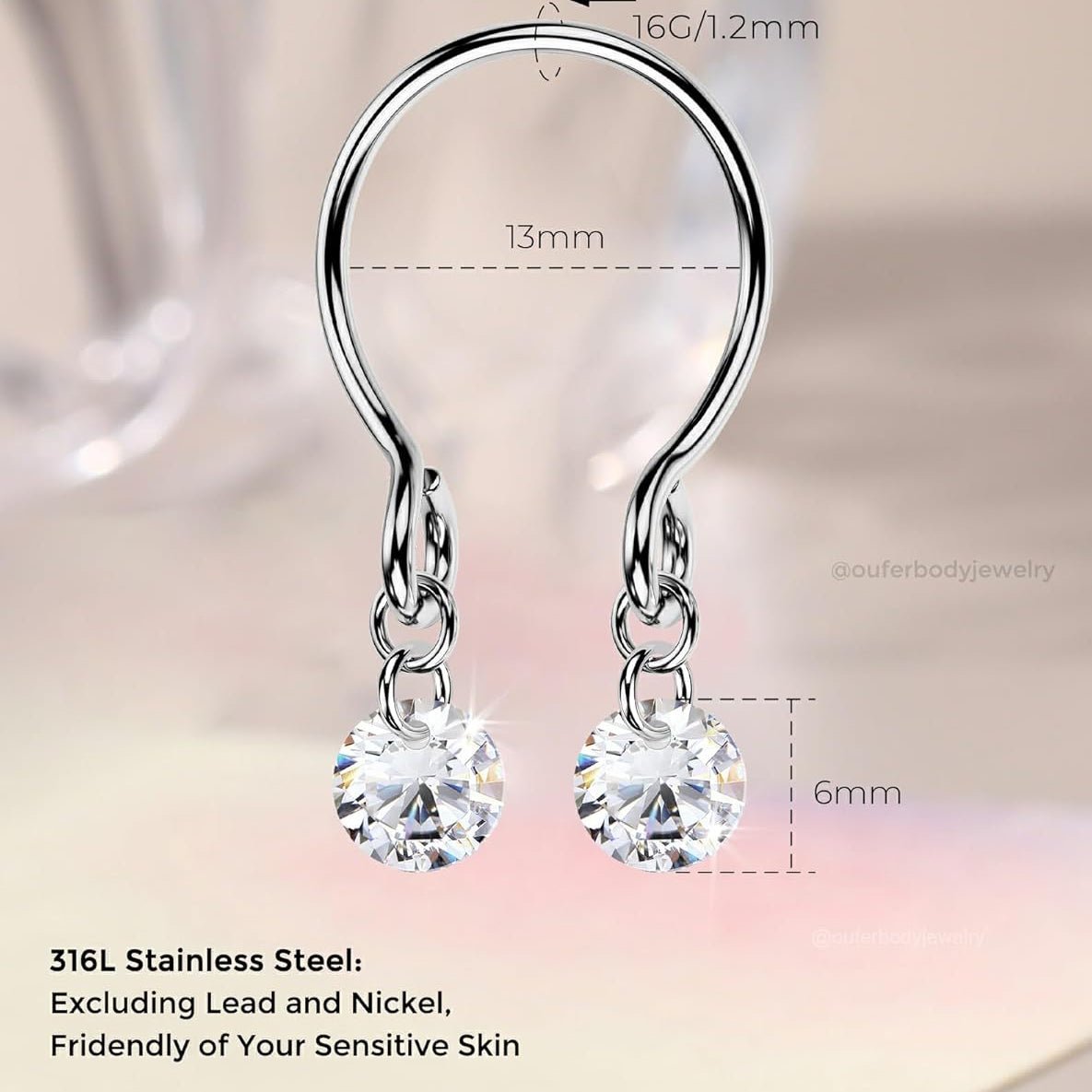 2PCS Non Piercing Nipple Rings with Dangling Charms, Adjustable Stainless Steel Fake Nipple Jewelry for Women Men, Comfortable & Stylish Faux Piercing - QIAO CrystalQIAO CrystalQIAO Crystal