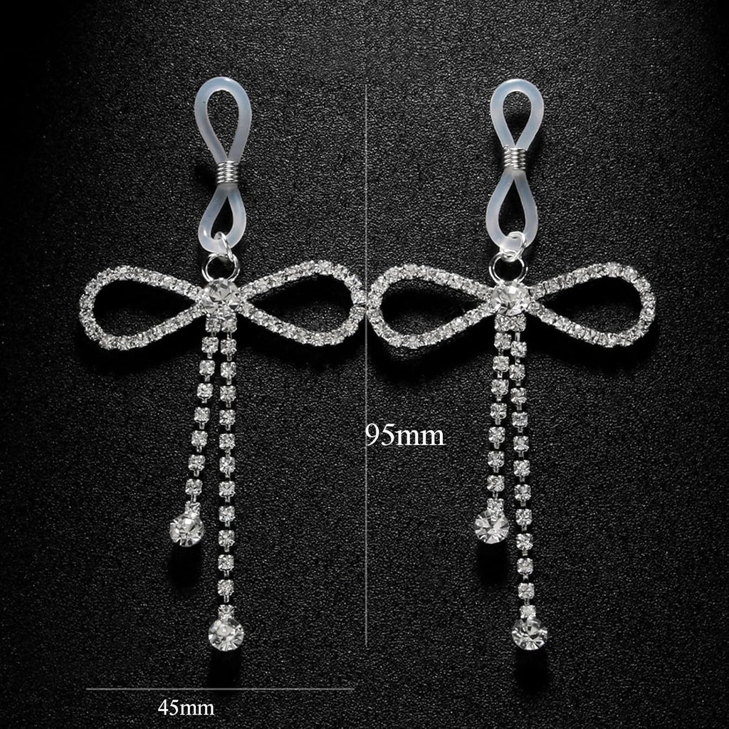 2Pcs Rhinestone Bowknot Fake Nipple Rings for Women, Non - Piercing Dangle Nipple Ring, Nipple Noose, Sexy Fake Nipple Piercing Jewelry - QIAO CrystalQIAO CrystalQIAO Crystal