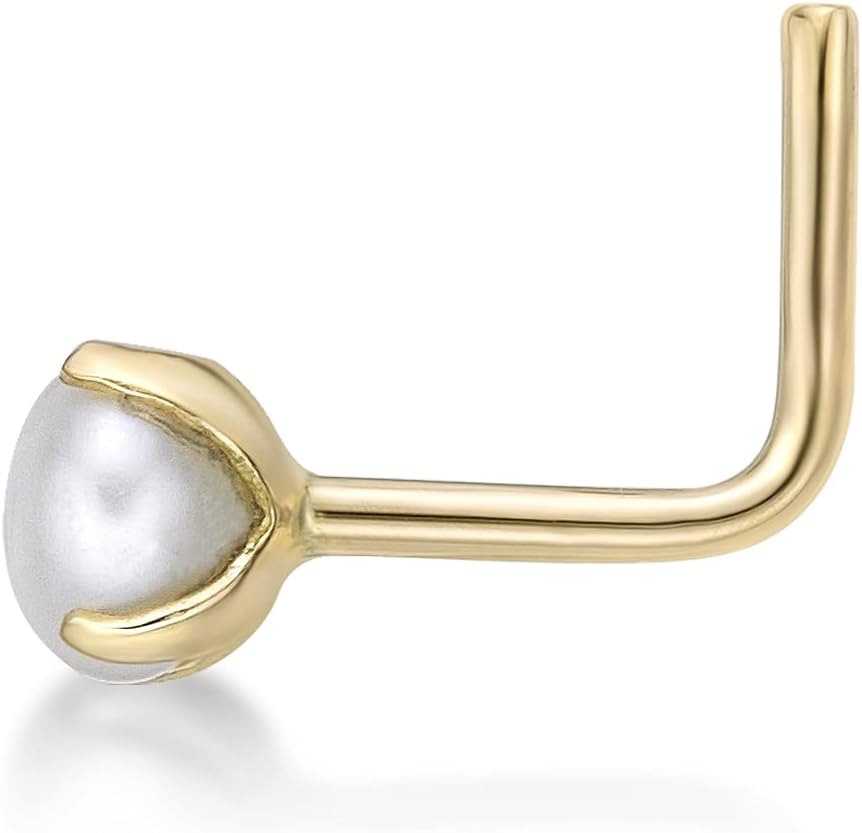 3 mm Fresh Water Pearl 20 Gauge L - Shape Nose Stud 14k Yellow Gold Nose Ring - QIAO CrystalQIAO CrystalQIAO Crystal
