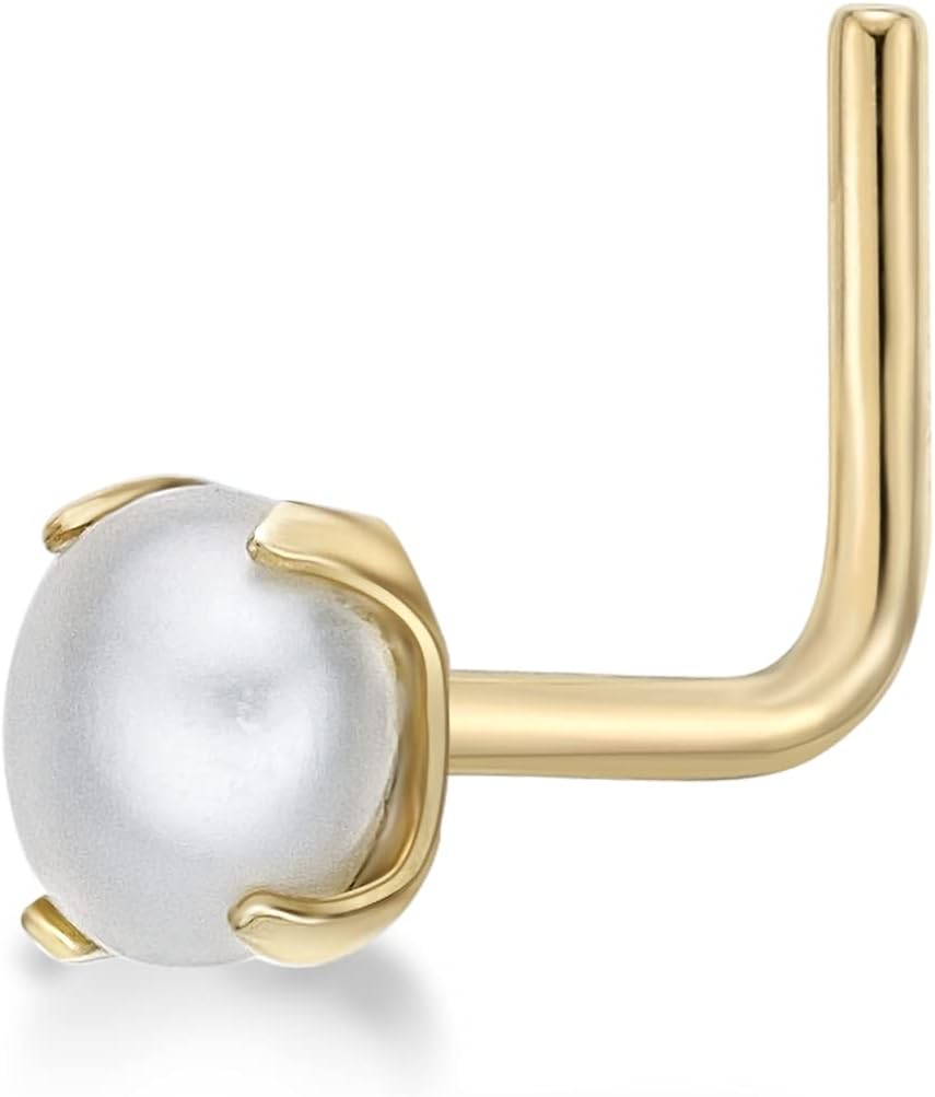 3 mm Fresh Water Pearl 20 Gauge L - Shape Nose Stud 14k Yellow Gold Nose Ring - QIAO CrystalQIAO CrystalQIAO Crystal