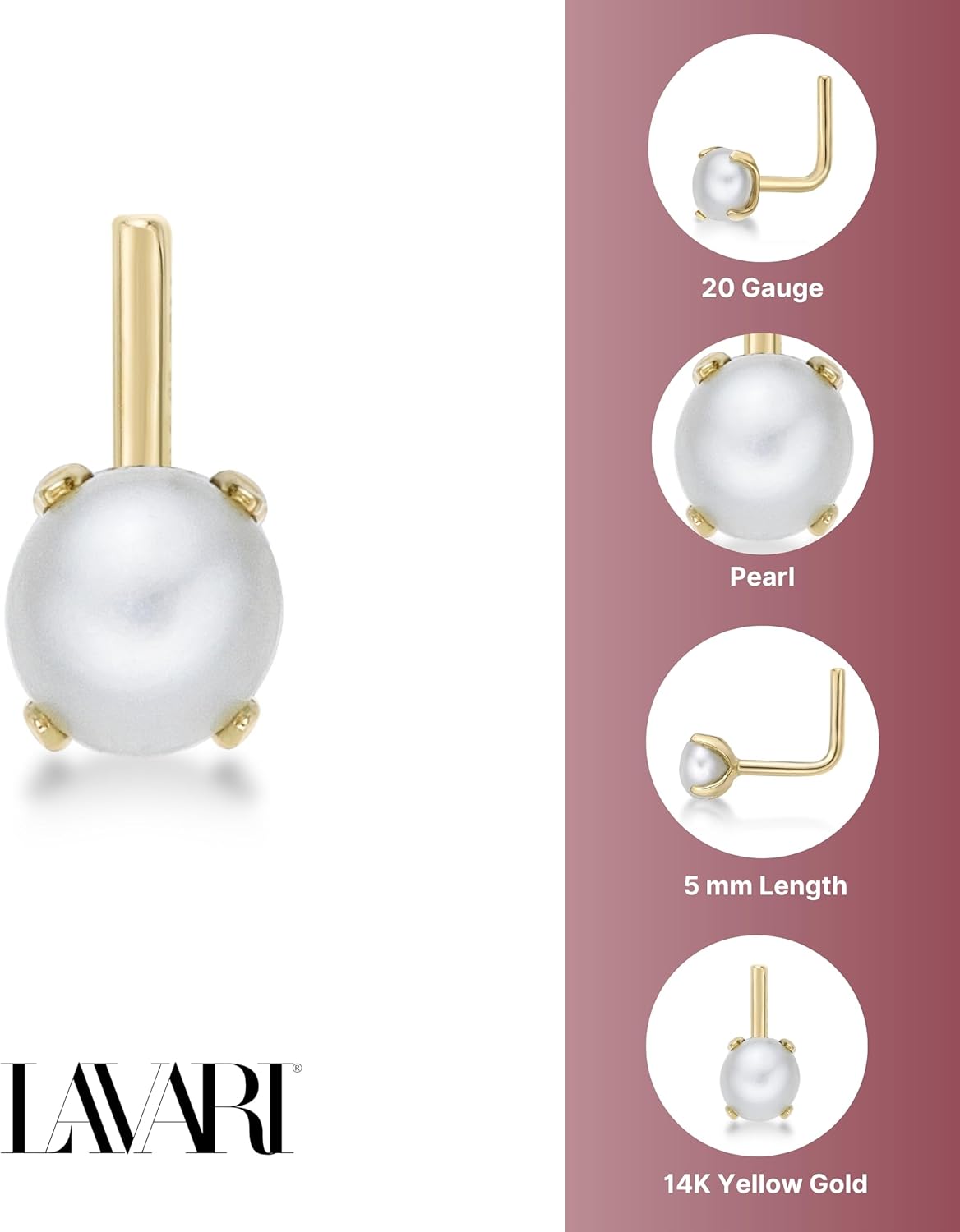 3 mm Fresh Water Pearl 20 Gauge L - Shape Nose Stud 14k Yellow Gold Nose Ring - QIAO CrystalQIAO CrystalQIAO Crystal