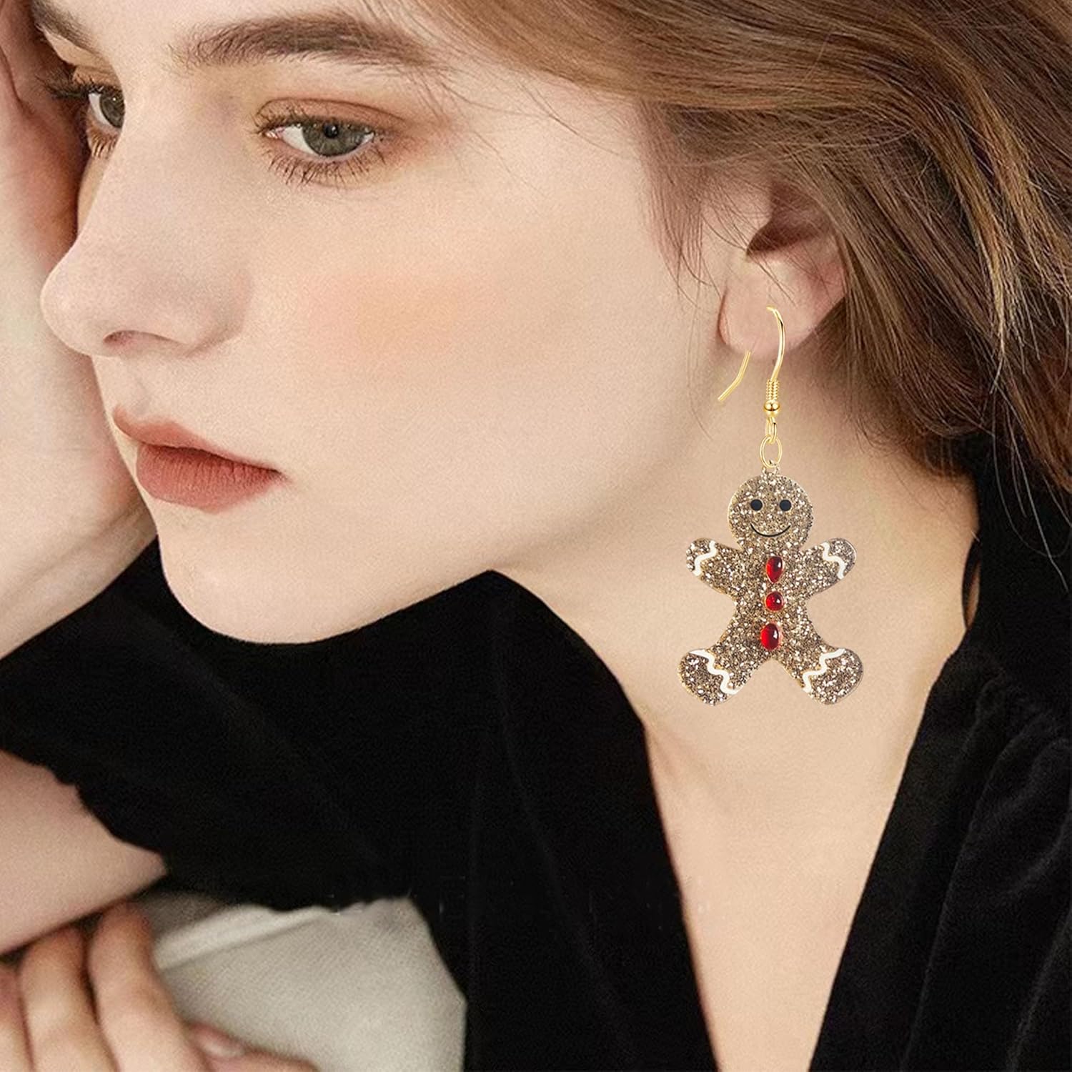 3 Pairs Christmas Tree Cat Dangle Drop Earrings Glitter Gold Gingerbread Man Earrings for Women Set Jewelry Holiday Xmas Party Gift - 我的商店我的商店我的商店