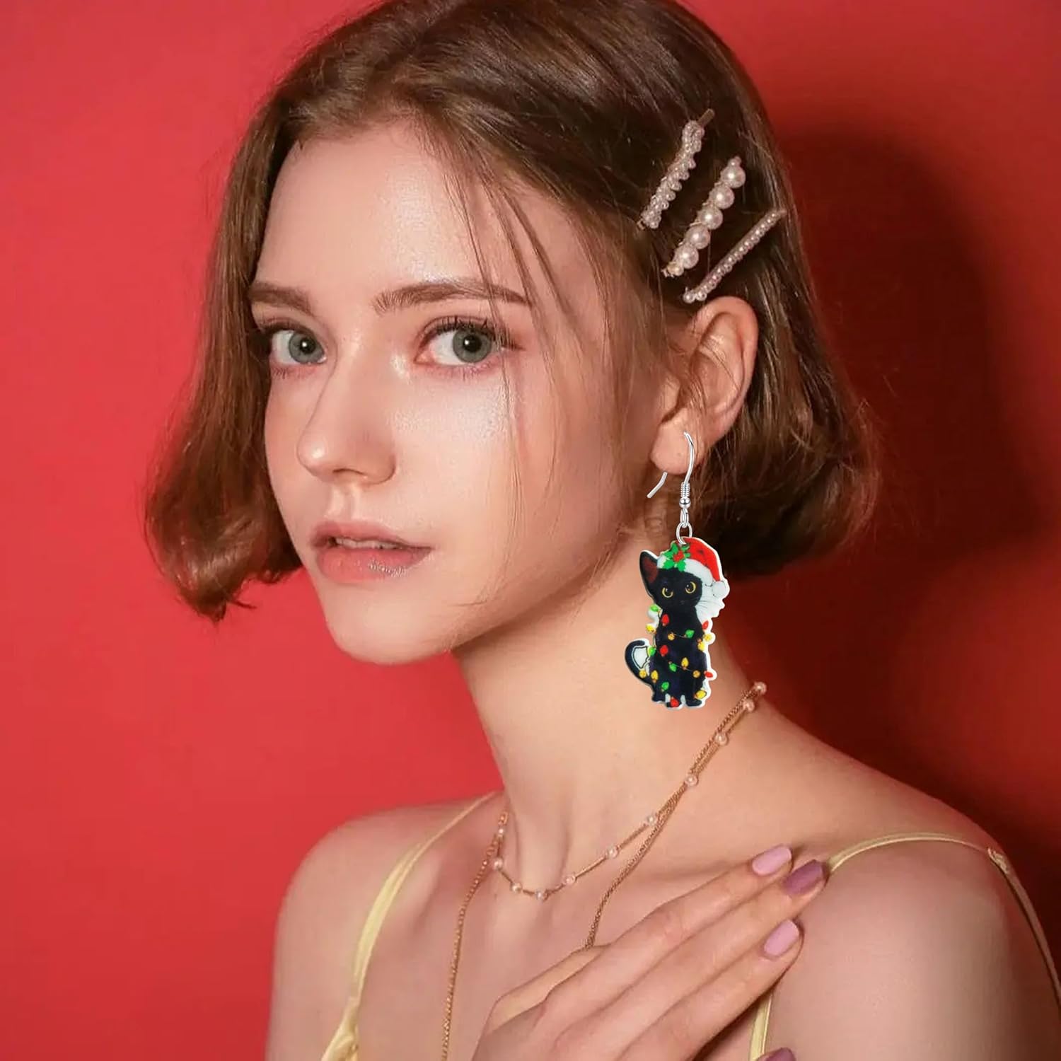 3 Pairs Christmas Tree Cat Dangle Drop Earrings Glitter Gold Gingerbread Man Earrings for Women Set Jewelry Holiday Xmas Party Gift - 我的商店我的商店我的商店