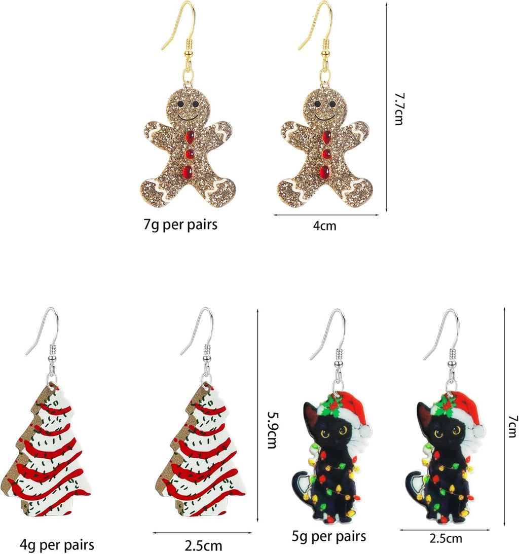 3 Pairs Christmas Tree Cat Dangle Drop Earrings Glitter Gold Gingerbread Man Earrings for Women Set Jewelry Holiday Xmas Party Gift - 我的商店我的商店我的商店