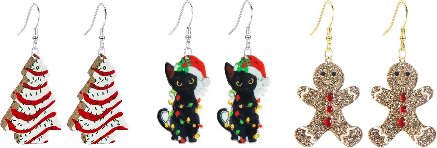 3 Pairs Christmas Tree Cat Dangle Drop Earrings Glitter Gold Gingerbread Man Earrings for Women Set Jewelry Holiday Xmas Party Gift - 我的商店我的商店我的商店