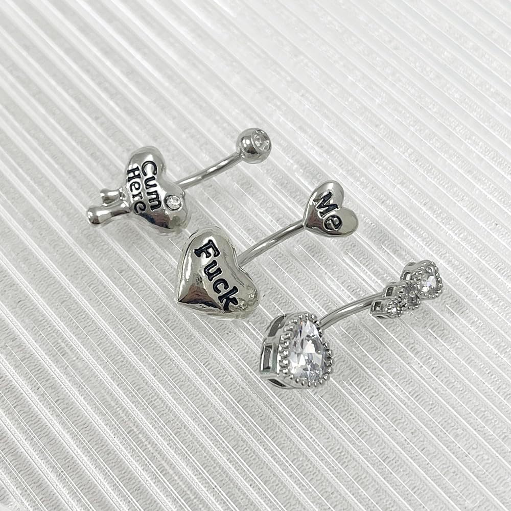 3 Pcs 14G Heart Belly Button Rings for Women Stainless Steel Cum Here Naughty Words Love Heart Belly Naval Studs Curved Barbell Ring Body Piercing Jewelry - 我的商店我的商店我的商店