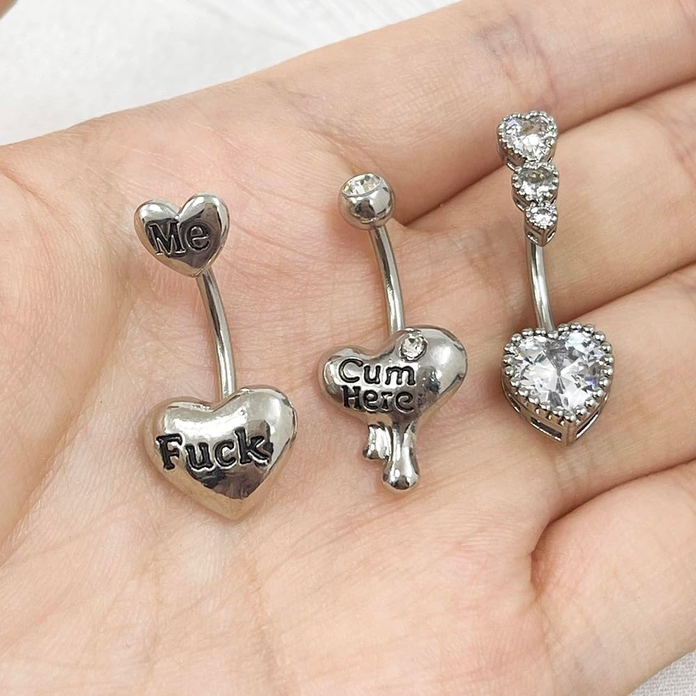 3 Pcs 14G Heart Belly Button Rings for Women Stainless Steel Cum Here Naughty Words Love Heart Belly Naval Studs Curved Barbell Ring Body Piercing Jewelry - 我的商店我的商店我的商店