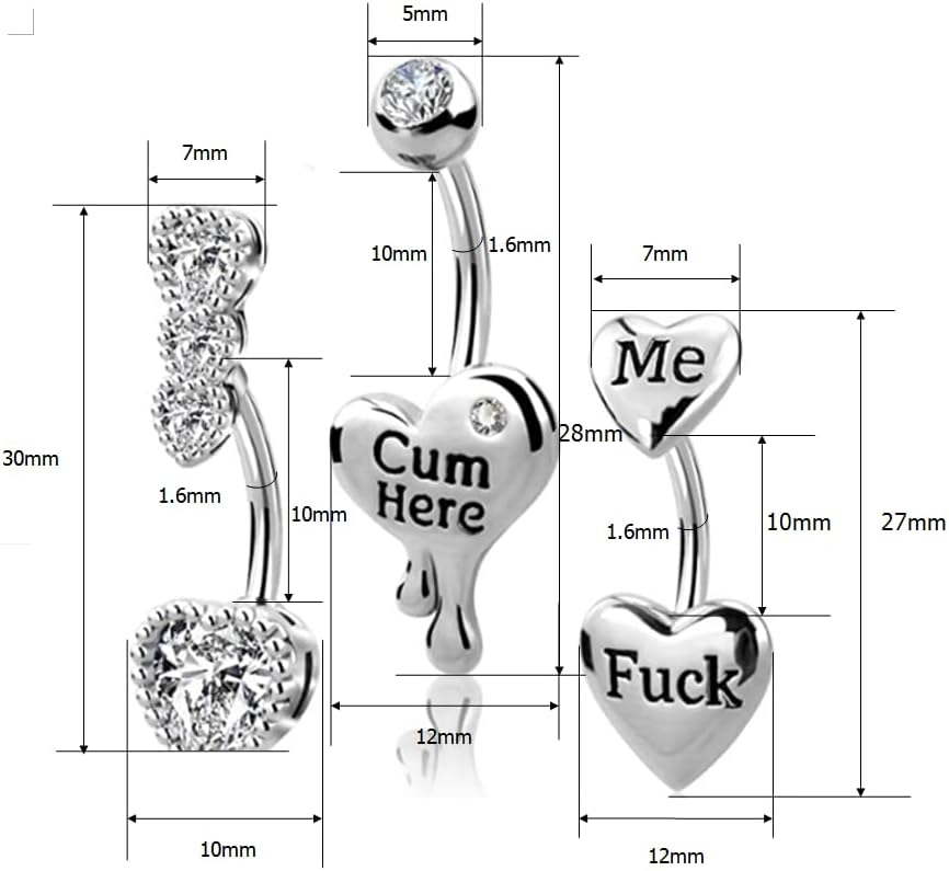 3 Pcs 14G Heart Belly Button Rings for Women Stainless Steel Cum Here Naughty Words Love Heart Belly Naval Studs Curved Barbell Ring Body Piercing Jewelry - 我的商店我的商店我的商店