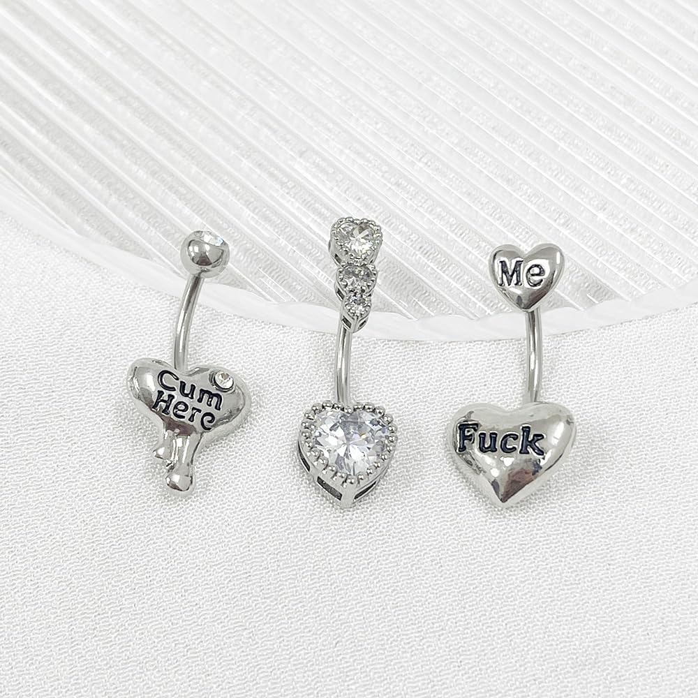 3 Pcs 14G Heart Belly Button Rings for Women Stainless Steel Cum Here Naughty Words Love Heart Belly Naval Studs Curved Barbell Ring Body Piercing Jewelry - 我的商店我的商店我的商店