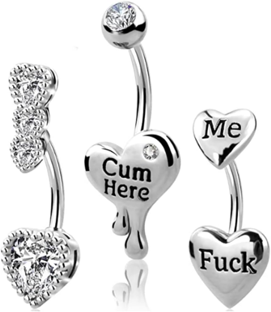 3 Pcs 14G Heart Belly Button Rings for Women Stainless Steel Cum Here Naughty Words Love Heart Belly Naval Studs Curved Barbell Ring Body Piercing Jewelry - 我的商店我的商店我的商店