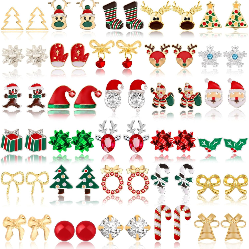 30 Pairs Christmas Earrings for Women, Xmas Gifts Holiday Cute Stud Earrings Hypoallergenic Christmas Tree Snowflake Bow Snowman Stocking Santa Claus Elk Stud Festive Party Jewelry Gifts - 我的商店我的商店我的商店