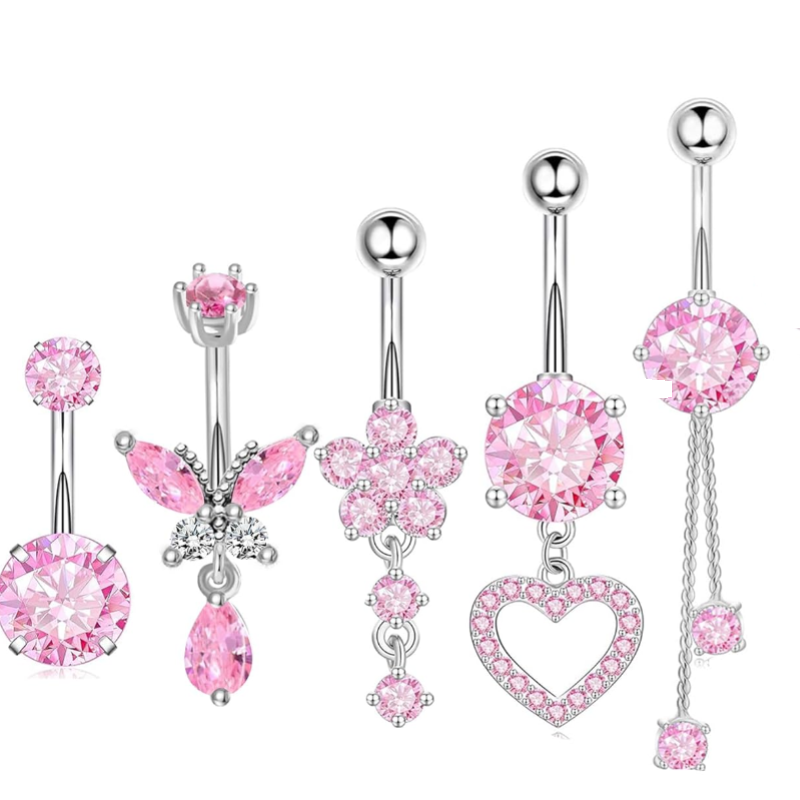 Surgical Stainless Steel Dangle Belly Button Rings for Women Belly Ring Dangling Piercing Jewelry with Heart Flower Butterfly Silver 14G