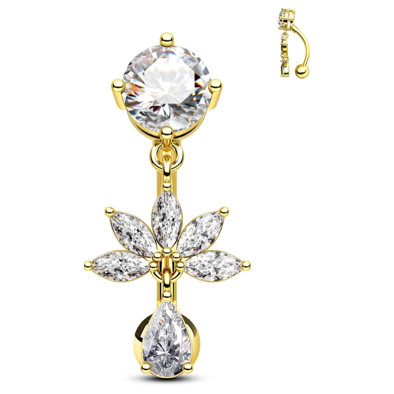 Flower Dangle Belly Button Ring, 14G Gold Reverse Belly Button Piercing for Women, Surgical Steel Silver Navel Piercing Jewelry Hypoallergenic