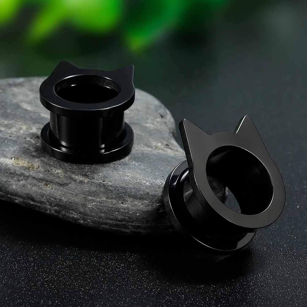 316 Stainless Steel Black gauges cute cat Ear Tunnels Plugs - QIAO CrystalQIAO CrystalQIAO Crystal