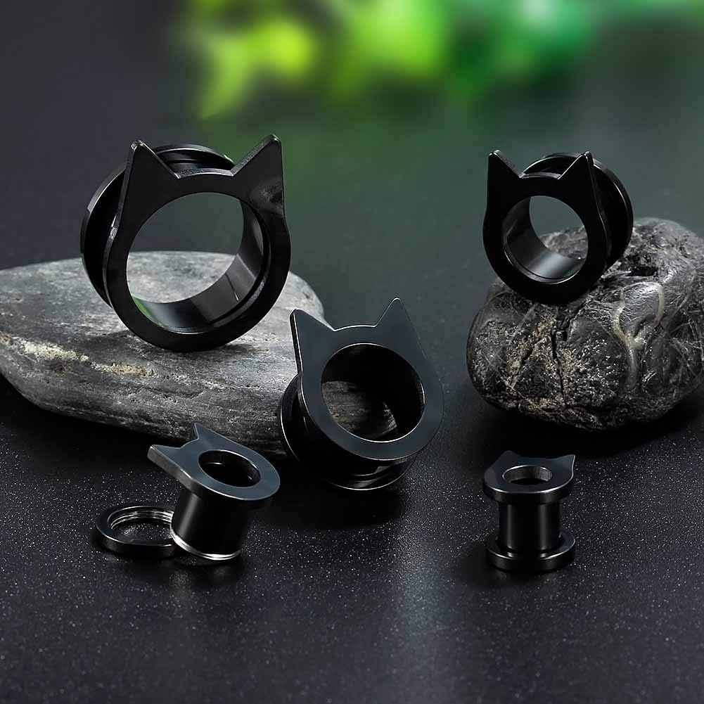 316 Stainless Steel Black gauges cute cat Ear Tunnels Plugs - QIAO CrystalQIAO CrystalQIAO Crystal