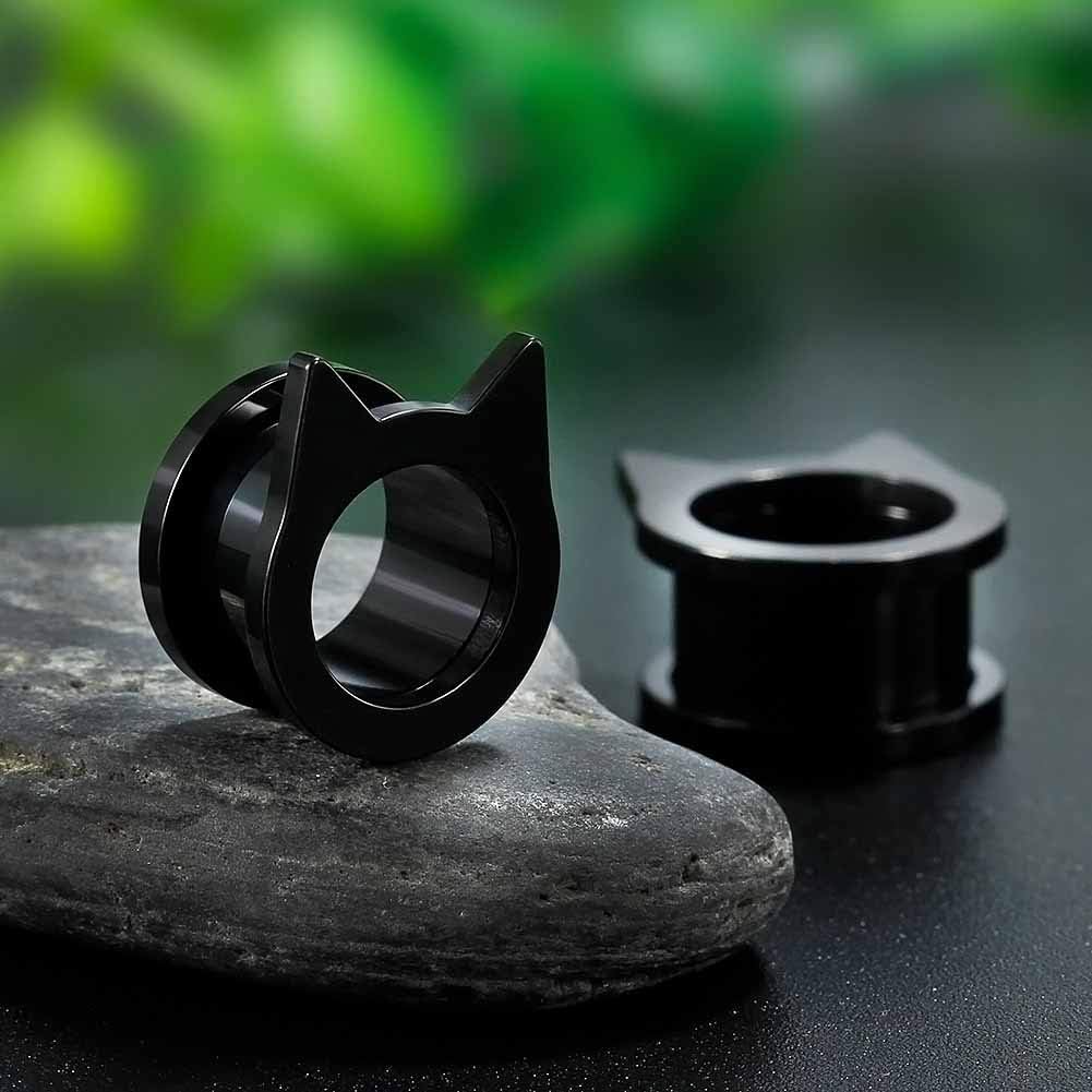 316 Stainless Steel Black gauges cute cat Ear Tunnels Plugs - QIAO CrystalQIAO CrystalQIAO Crystal