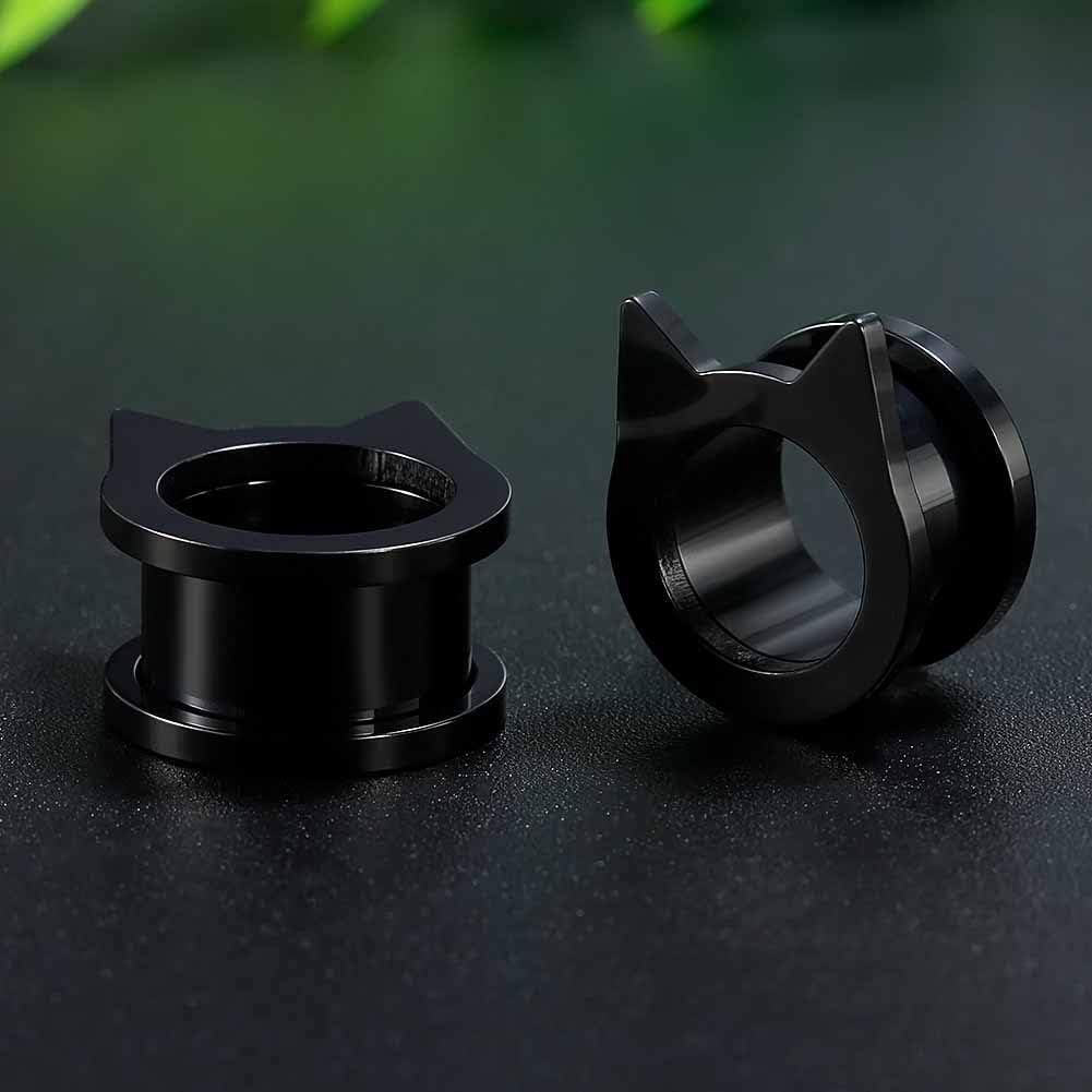 316 Stainless Steel Black gauges cute cat Ear Tunnels Plugs - QIAO CrystalQIAO CrystalQIAO Crystal