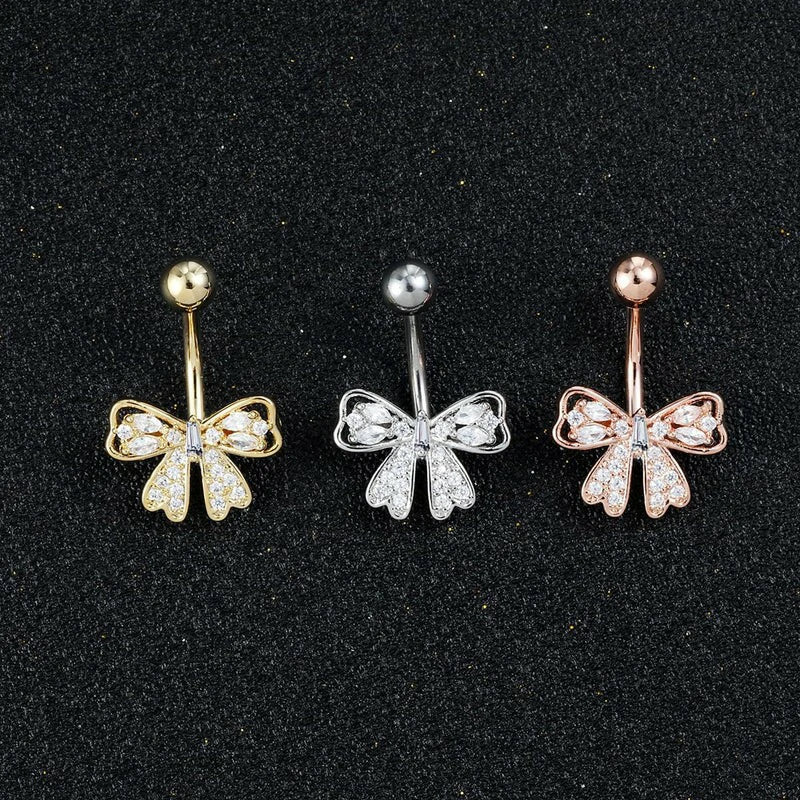 316L Surgical Steel Belly Navel Barbell Sparkle Bowknot Navel Piercing Jewelry Gold Silver