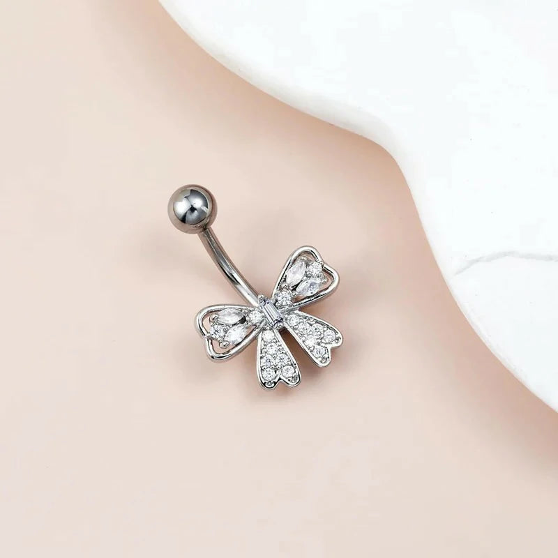 316L Surgical Steel Belly Navel Barbell Sparkle Bowknot Navel Piercing Jewelry Gold Silver