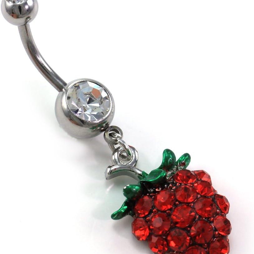 316L 14 Gauge Red Strawberry Fruit Belly Barbell Button Navel Ring Surgical Steel - QIAO CrystalQIAO CrystalQIAO Crystal