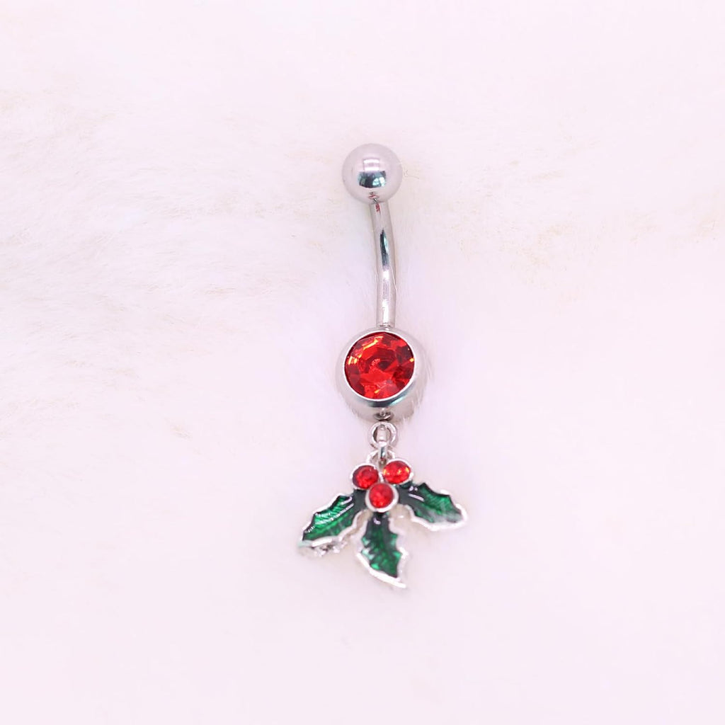 316L 2 PCS Christmas Dangle Mistletoe Belly Button Rings 14G Stainless Steel Jingling Bell Navel Rings for Women Belly Piercing Jewelry - 我的商店我的商店我的商店