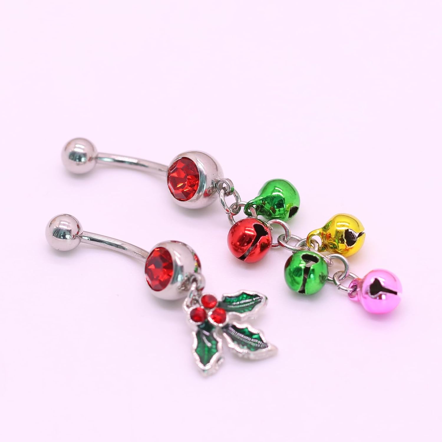 316L 2 PCS Christmas Dangle Mistletoe Belly Button Rings 14G Stainless Steel Jingling Bell Navel Rings for Women Belly Piercing Jewelry - 我的商店我的商店我的商店