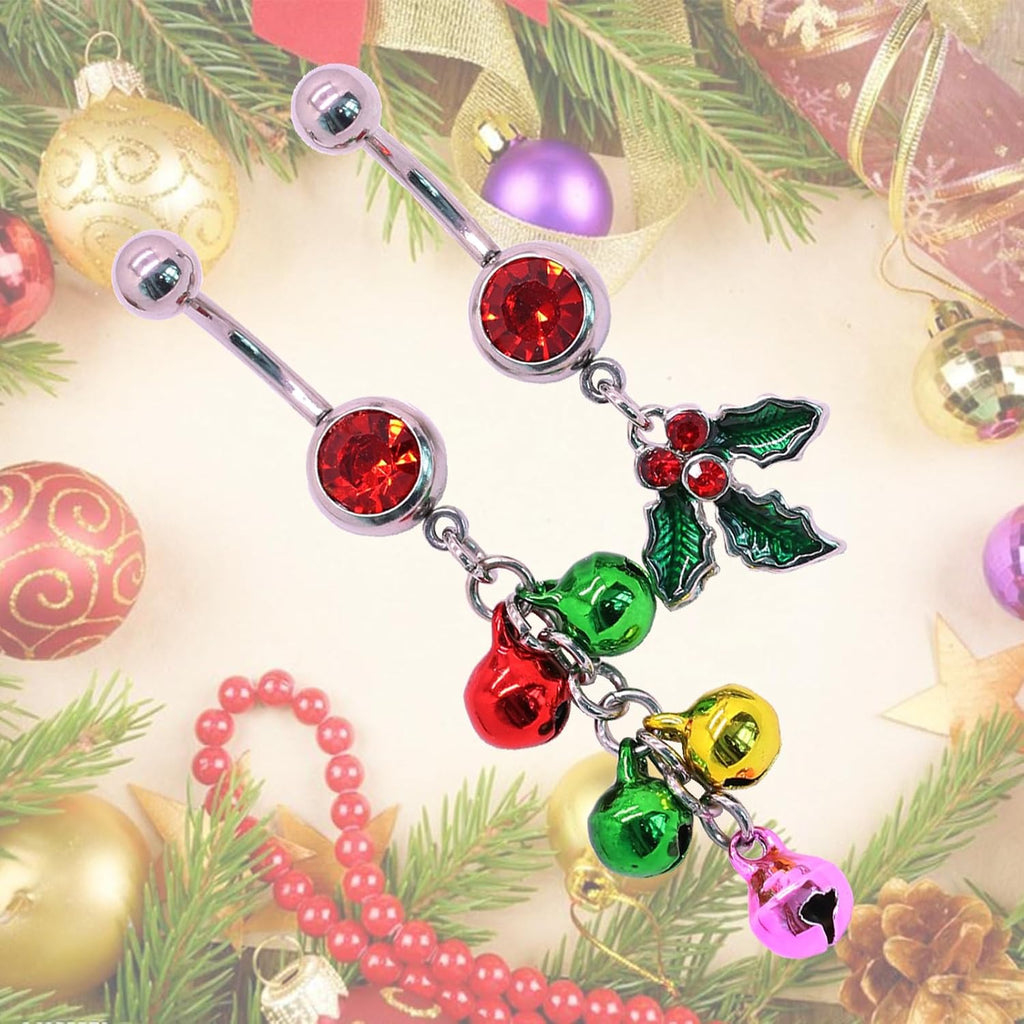 316L 2 PCS Christmas Dangle Mistletoe Belly Button Rings 14G Stainless Steel Jingling Bell Navel Rings for Women Belly Piercing Jewelry - 我的商店我的商店我的商店