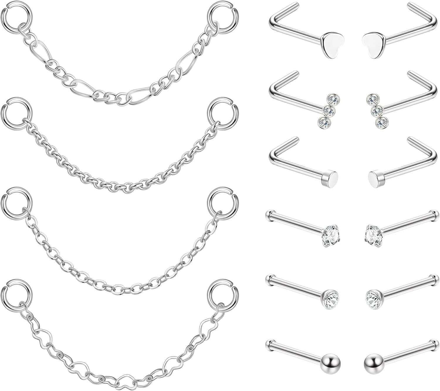 316L Stainless Steel 20G Nose Ring Chains CZ Nose Studs with Chains Nose Stud Chain - QIAO CrystalQIAO CrystalQIAO Crystal