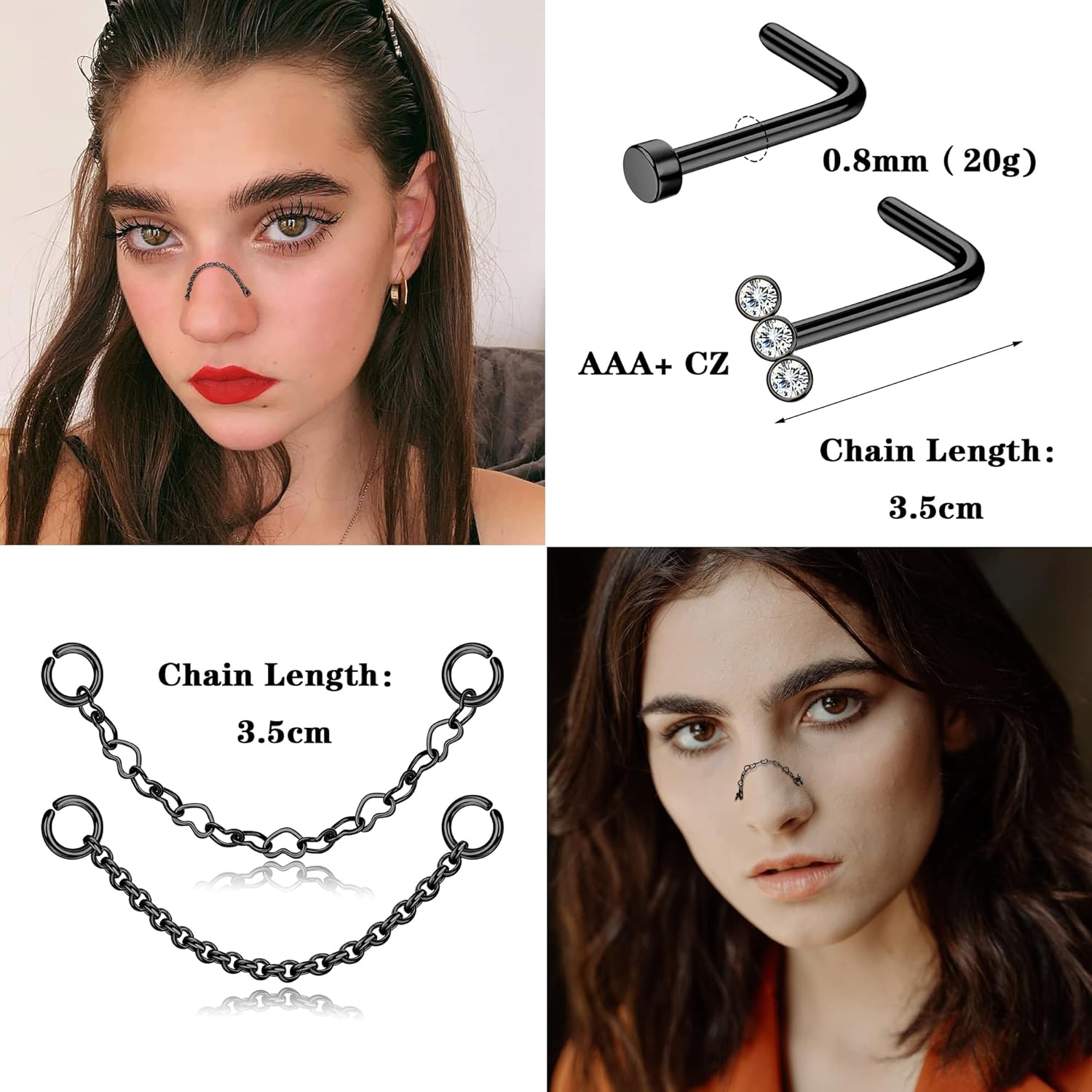 316L Stainless Steel 20G Nose Ring Chains CZ Nose Studs with Chains Nose Stud Chain - QIAO CrystalQIAO CrystalQIAO Crystal