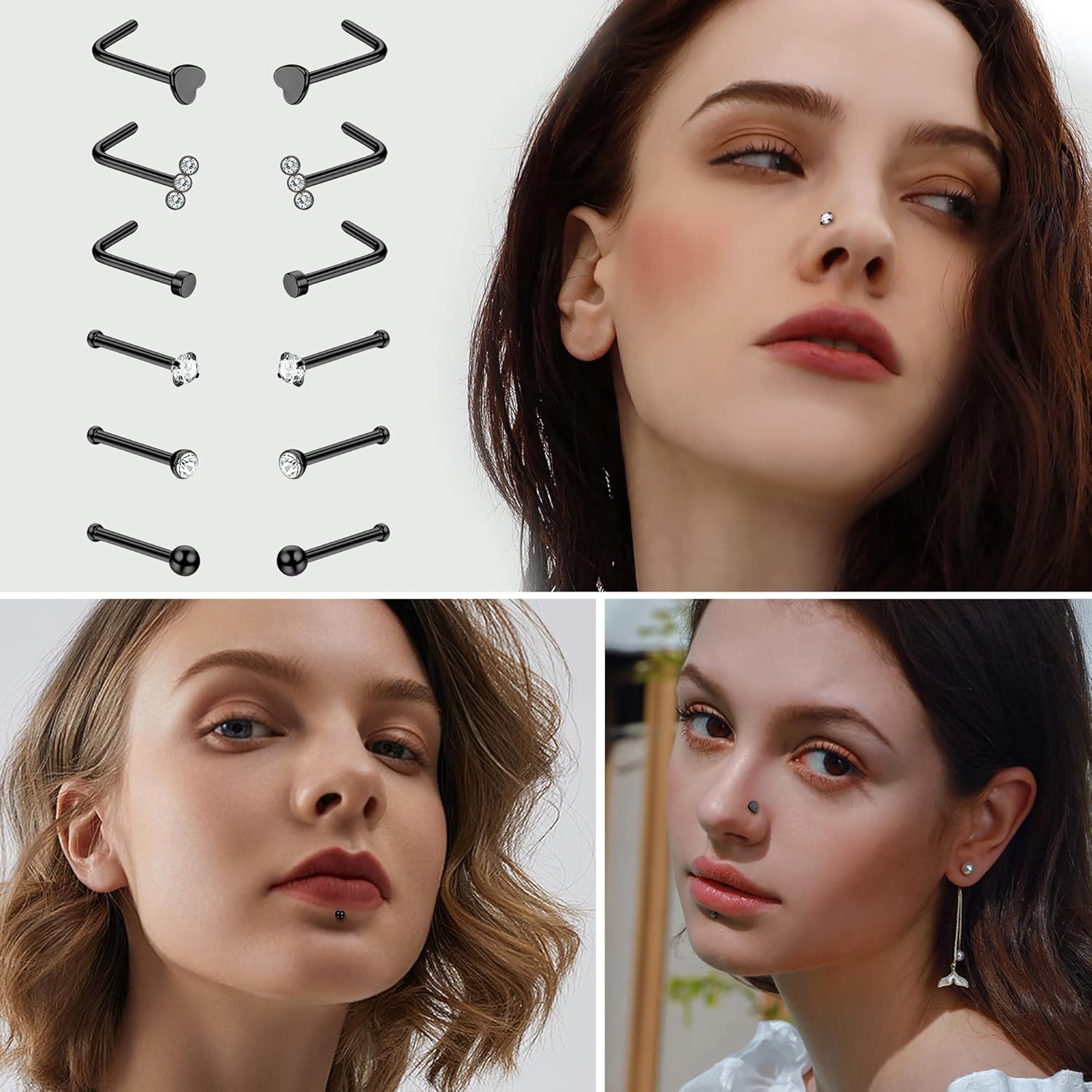 316L Stainless Steel 20G Nose Ring Chains CZ Nose Studs with Chains Nose Stud Chain - QIAO CrystalQIAO CrystalQIAO Crystal