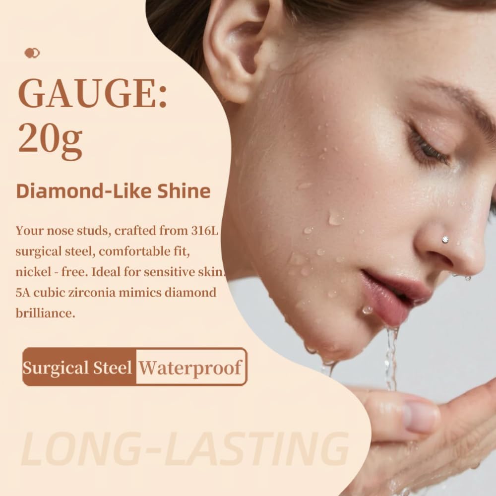 316L Surgical Steel 20g Nose Studs Hypoallergenic - Diamond - Like Sparkle Cubic Zirconia Corkscrew Nose Rings 8Pcs - QIAO CrystalQIAO CrystalQIAO Crystal