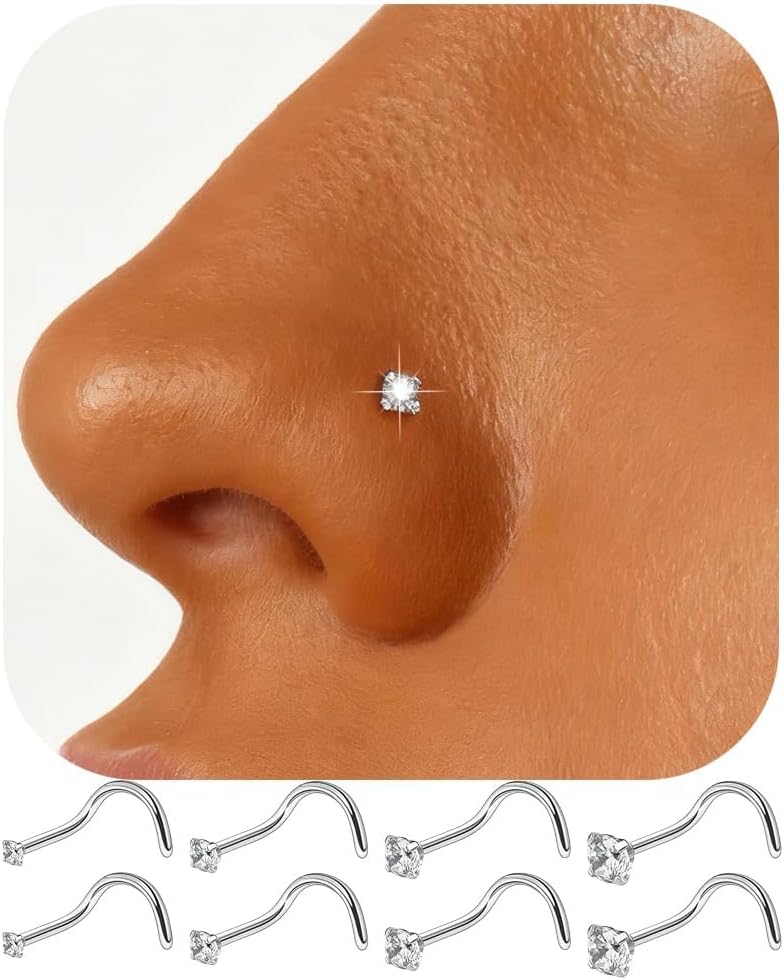 316L Surgical Steel 20g Nose Studs Hypoallergenic - Diamond - Like Sparkle Cubic Zirconia Corkscrew Nose Rings 8Pcs - QIAO CrystalQIAO CrystalQIAO Crystal