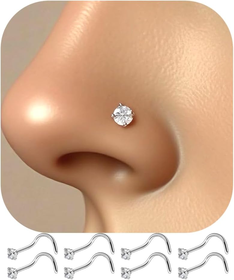 316L Surgical Steel 20g Nose Studs Hypoallergenic - Diamond - Like Sparkle Cubic Zirconia Corkscrew Nose Rings 8Pcs - QIAO CrystalQIAO CrystalQIAO Crystal
