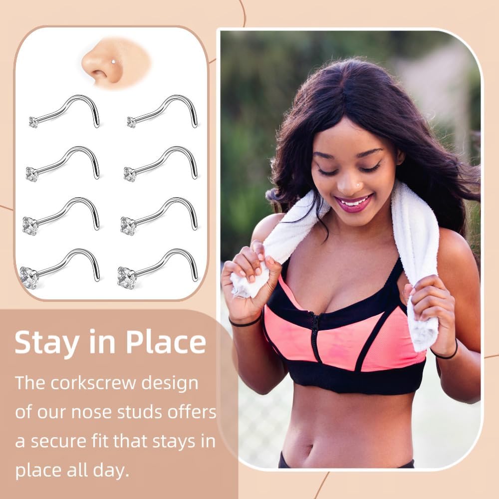 316L Surgical Steel 20g Nose Studs Hypoallergenic - Diamond - Like Sparkle Cubic Zirconia Corkscrew Nose Rings 8Pcs - QIAO CrystalQIAO CrystalQIAO Crystal