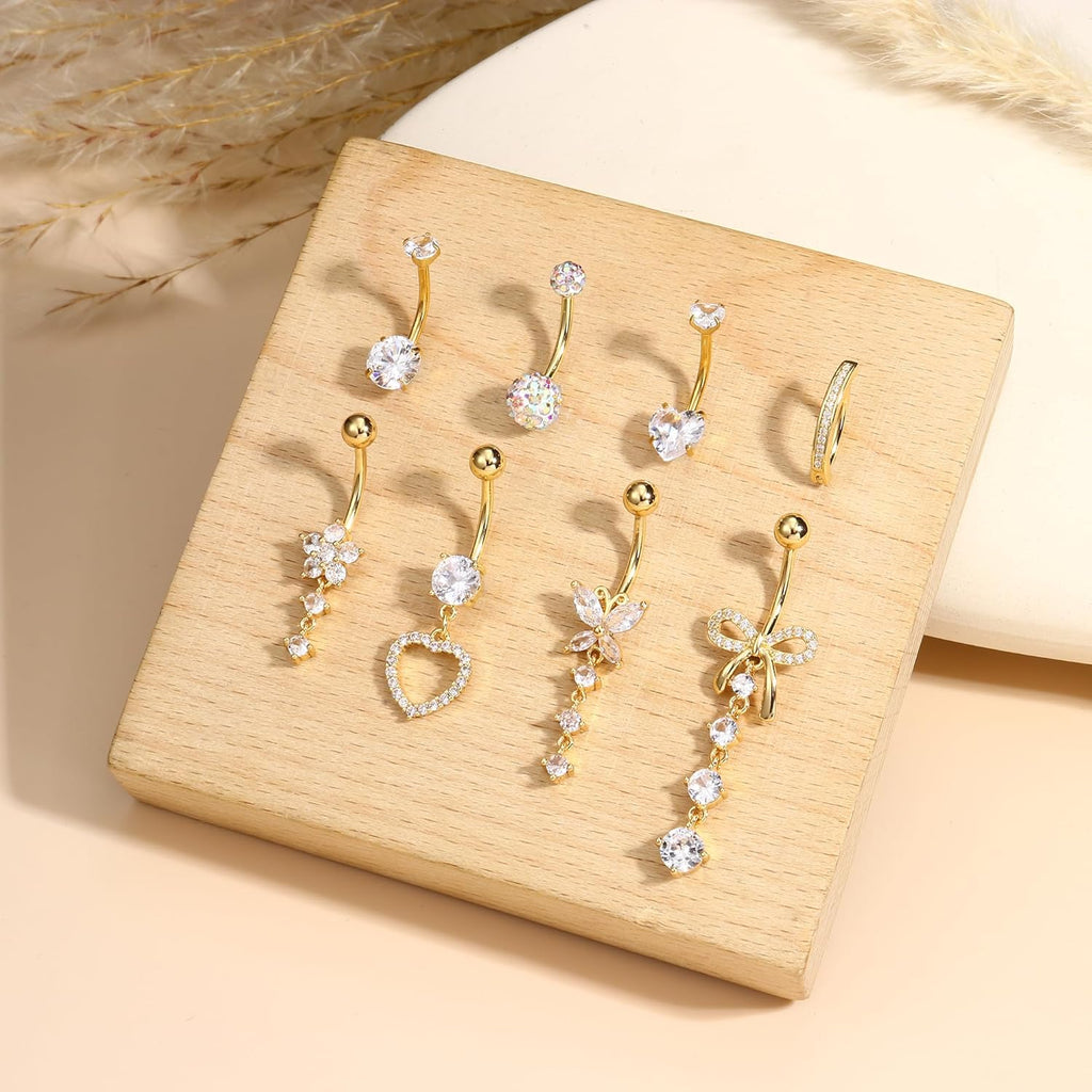 316L Surgical Steel Gold Dangle Belly Button Ring for Women Silver Dangly Belly Rings 14G Hypoallergenic Navel Belly Button Piercing Jewelry Bow Heart 10mm/12mm Barbell Length - 我的商店我的商店我的商店