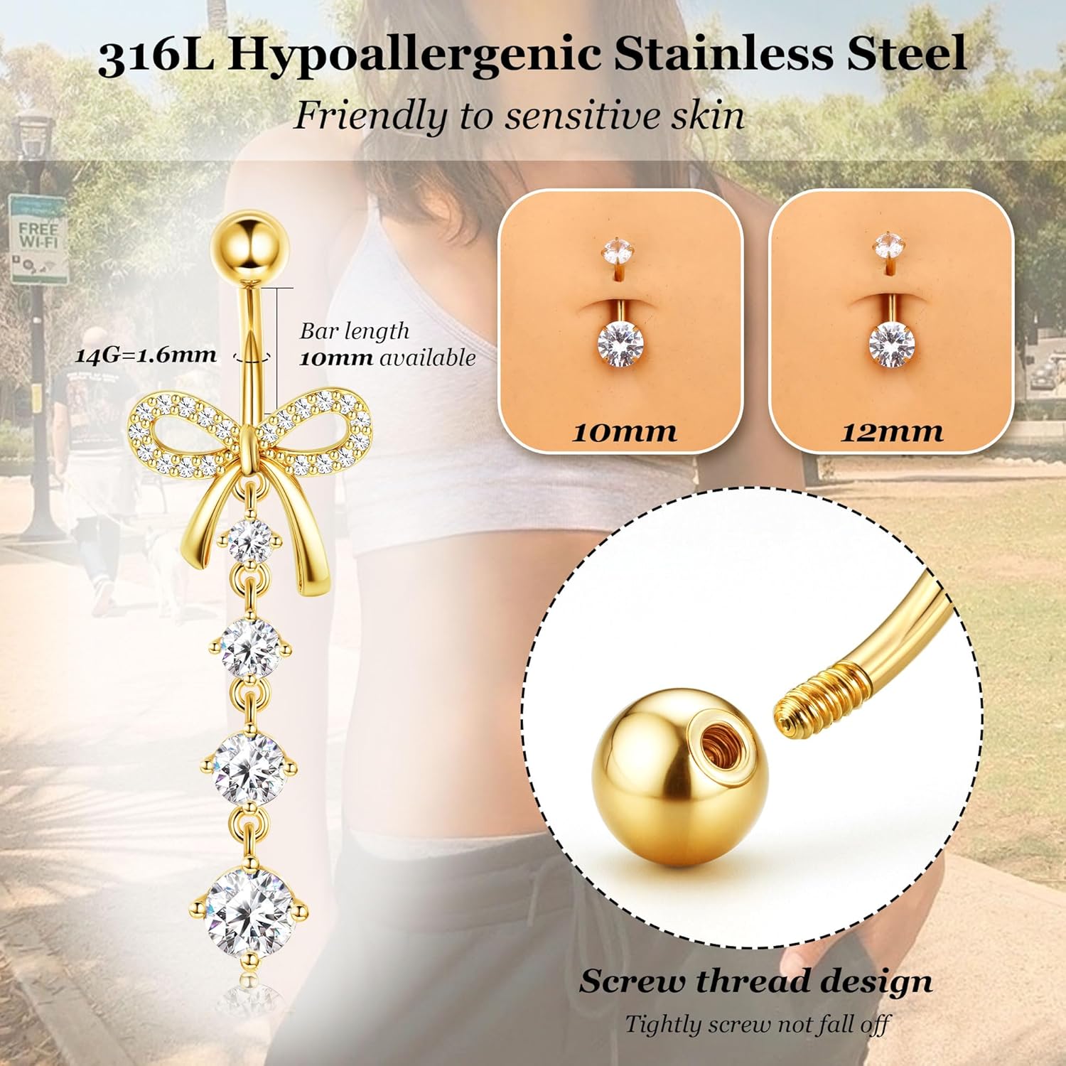 316L Surgical Steel Gold Dangle Belly Button Ring for Women Silver Dangly Belly Rings 14G Hypoallergenic Navel Belly Button Piercing Jewelry Bow Heart 10mm/12mm Barbell Length - 我的商店我的商店我的商店