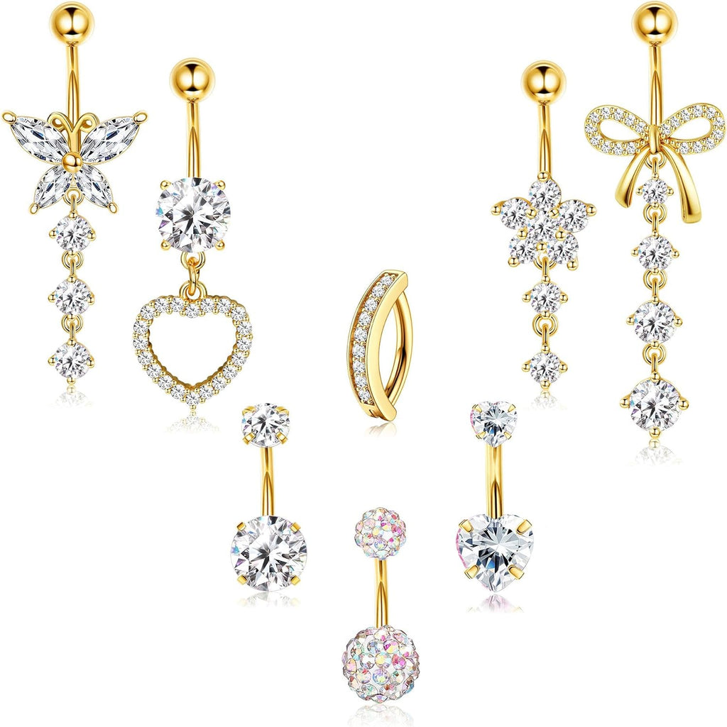 316L Surgical Steel Gold Dangle Belly Button Ring for Women Silver Dangly Belly Rings 14G Hypoallergenic Navel Belly Button Piercing Jewelry Bow Heart 10mm/12mm Barbell Length - 我的商店我的商店我的商店