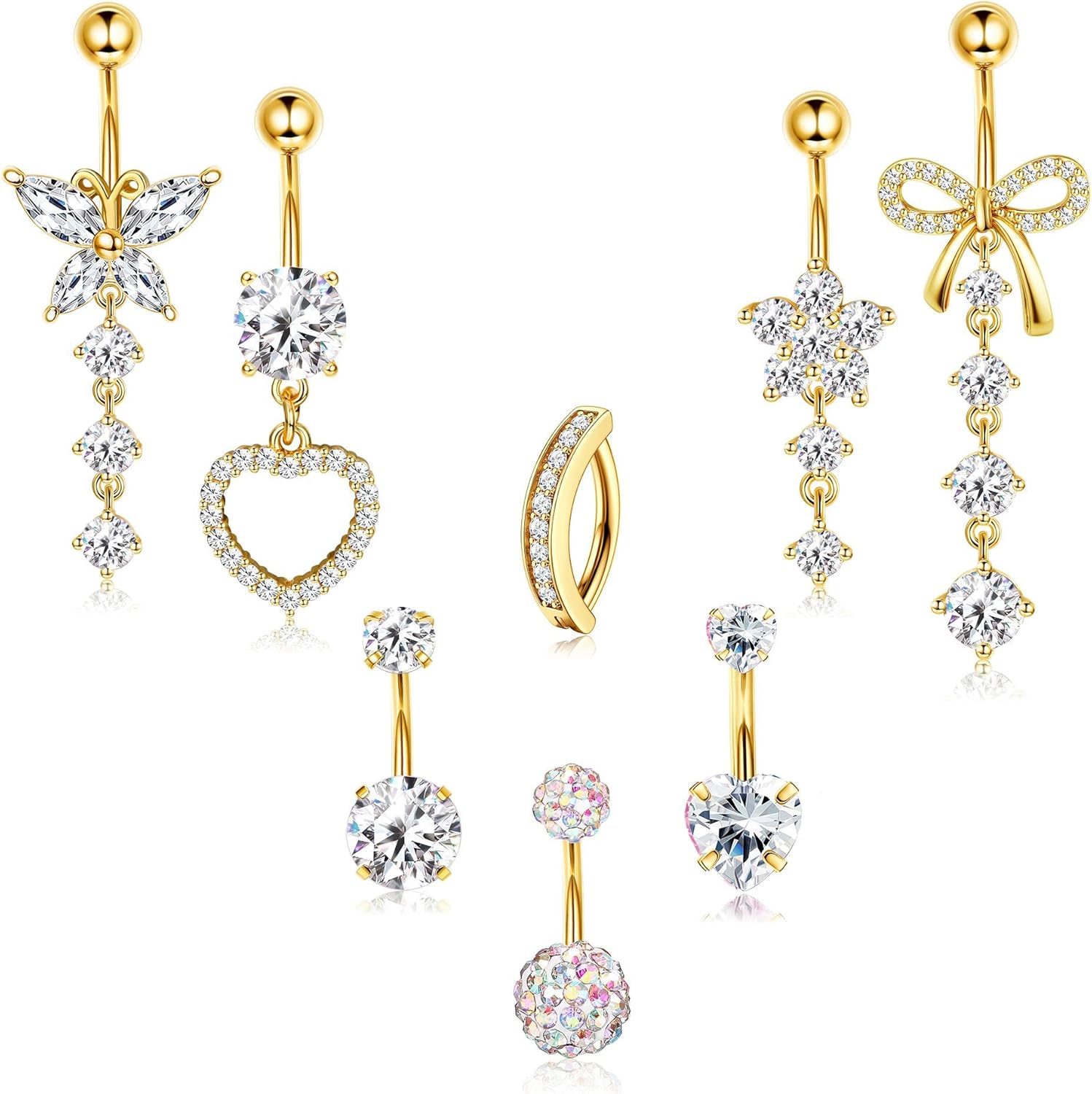 316L Surgical Steel Gold Dangle Belly Button Ring for Women Silver Dangly Belly Rings 14G Hypoallergenic Navel Belly Button Piercing Jewelry Bow Heart 10mm/12mm Barbell Length - 我的商店我的商店我的商店