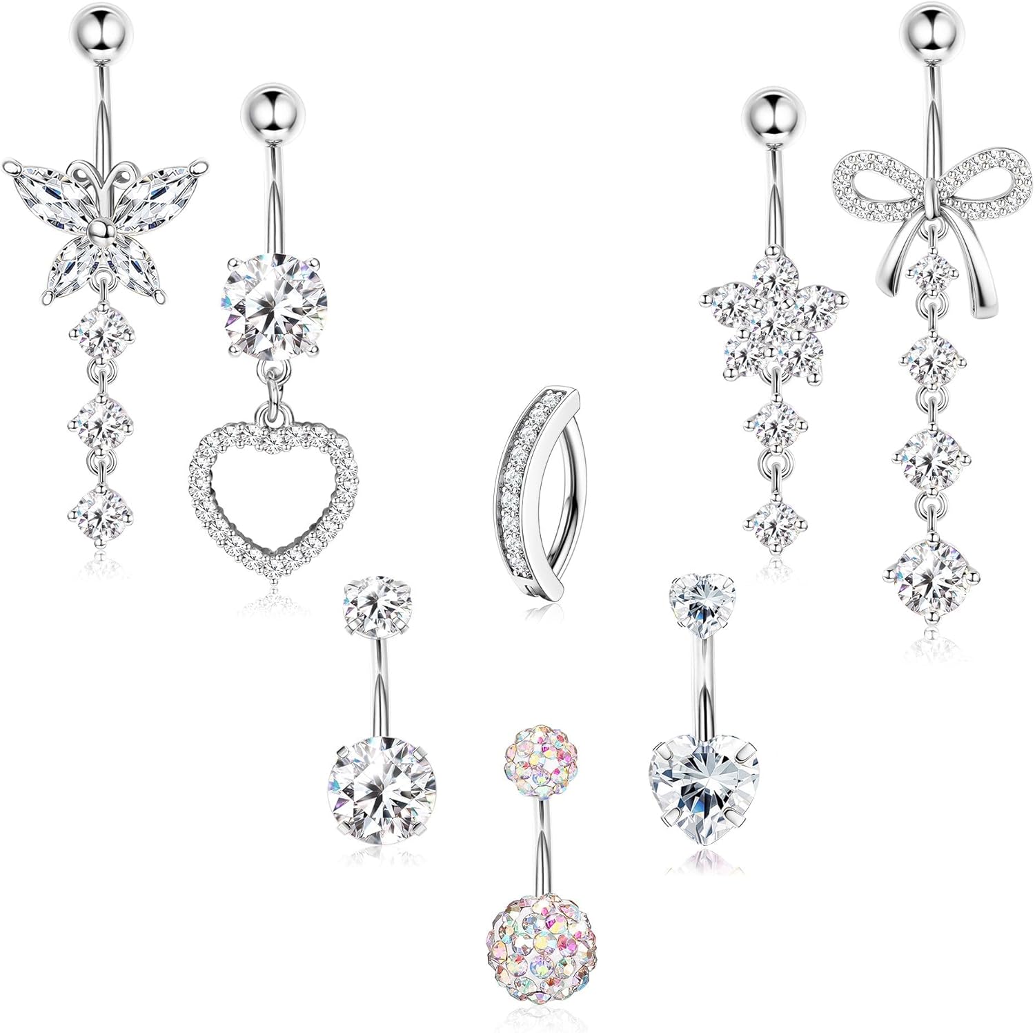 316L Surgical Steel Gold Dangle Belly Button Ring for Women Silver Dangly Belly Rings 14G Hypoallergenic Navel Belly Button Piercing Jewelry Bow Heart 10mm/12mm Barbell Length - 我的商店我的商店我的商店