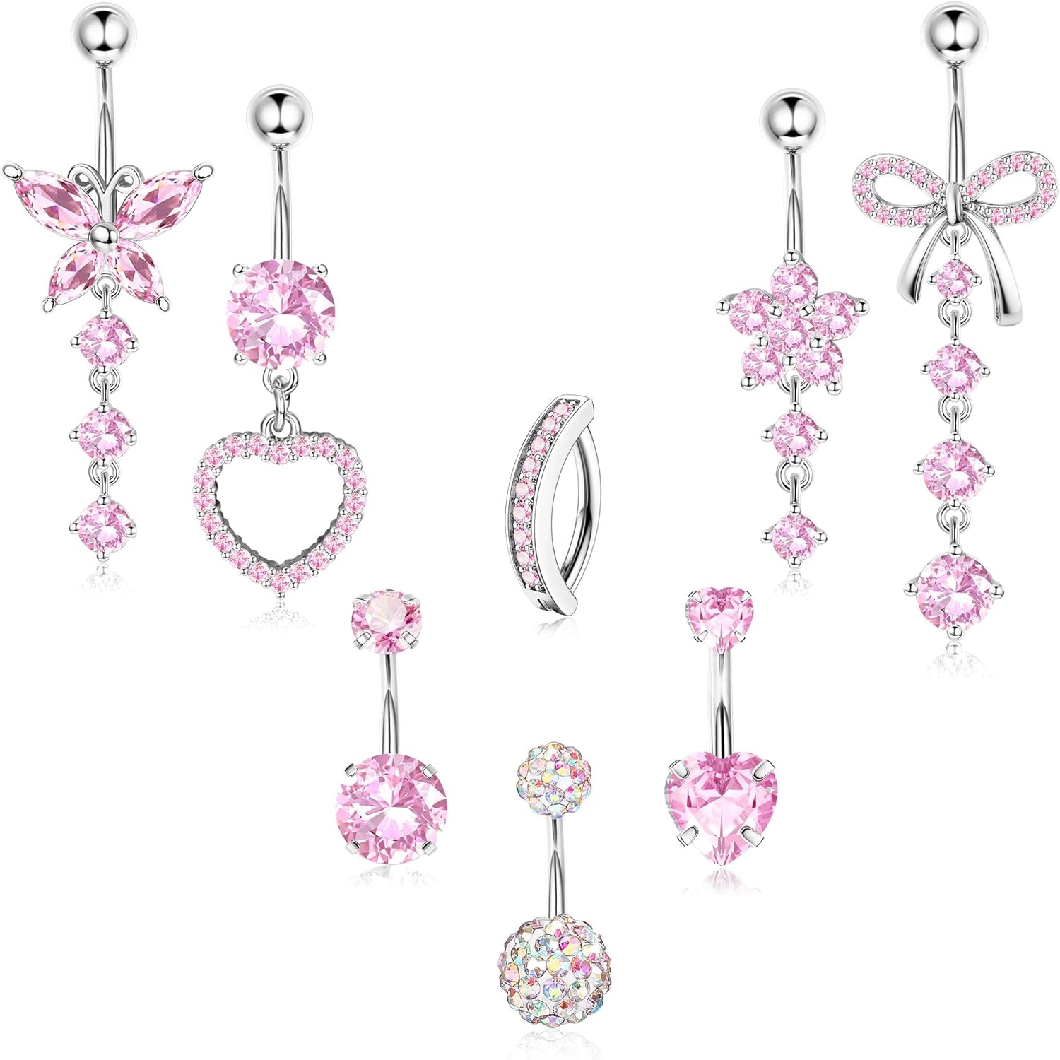 316L Surgical Steel Gold Dangle Belly Button Ring for Women Silver Dangly Belly Rings 14G Hypoallergenic Navel Belly Button Piercing Jewelry Bow Heart 10mm/12mm Barbell Length - 我的商店我的商店我的商店