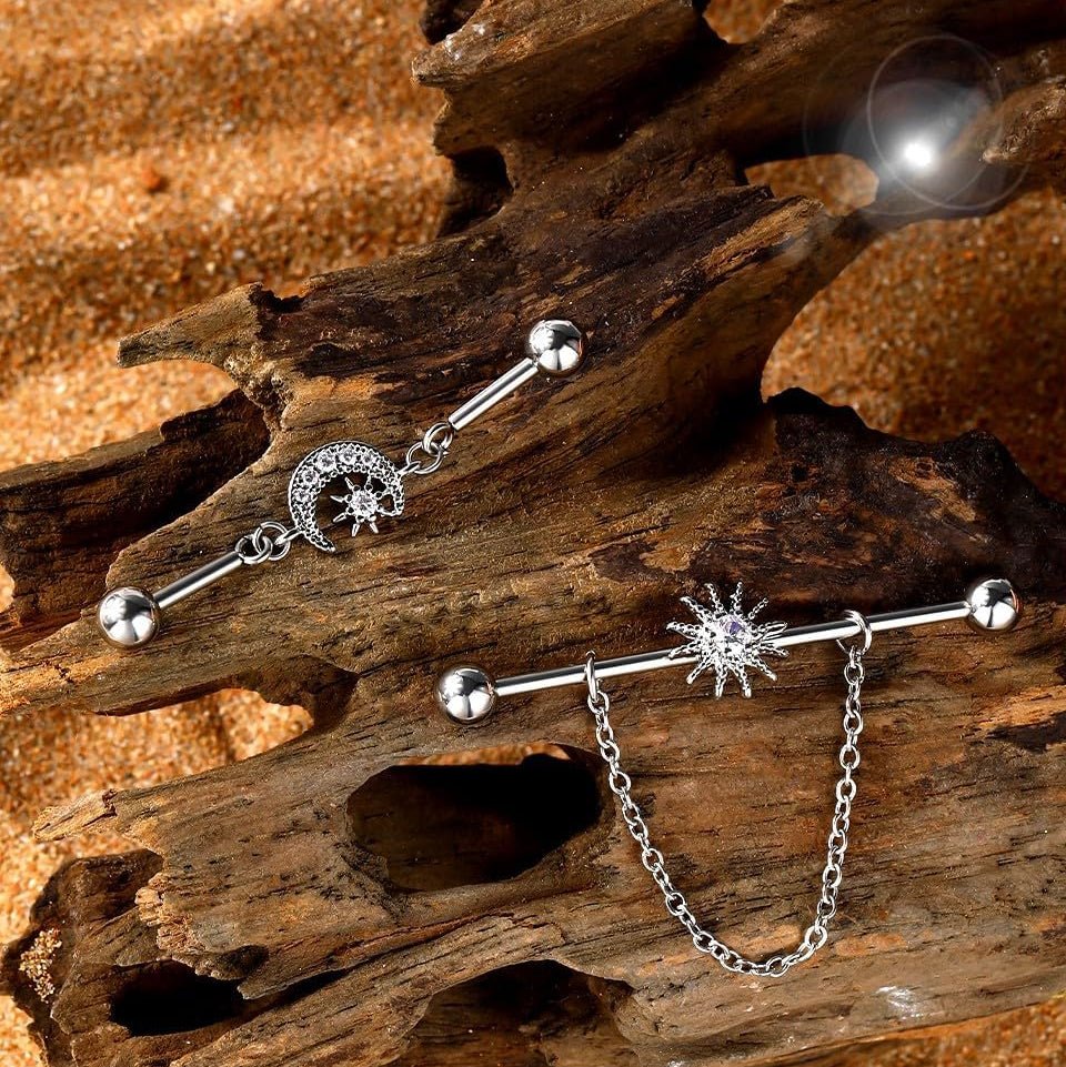 316L Surgical Steel Industrial Earrings Clear CZ Industrial Bars Industrial Barbells Dangle - QIAO CrystalQIAO CrystalQIAO Crystal