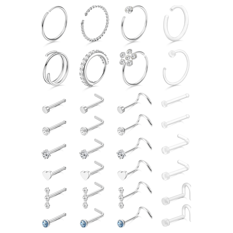 32 Pcs Hypoallergenic Surgical Stainless Steel Retainer Clear L Shape/Straight/Corkscrew - QIAO CrystalQIAO CrystalQIAO Crystal